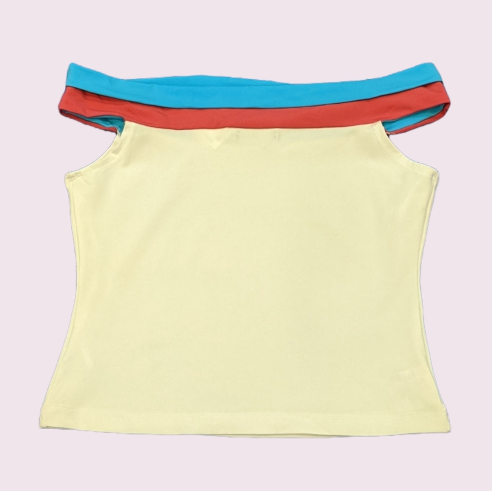 3/$15 Y2K Off the shoulder Body-hugging semi sheer crop top size S Blue Pink - Picture 3 of 7